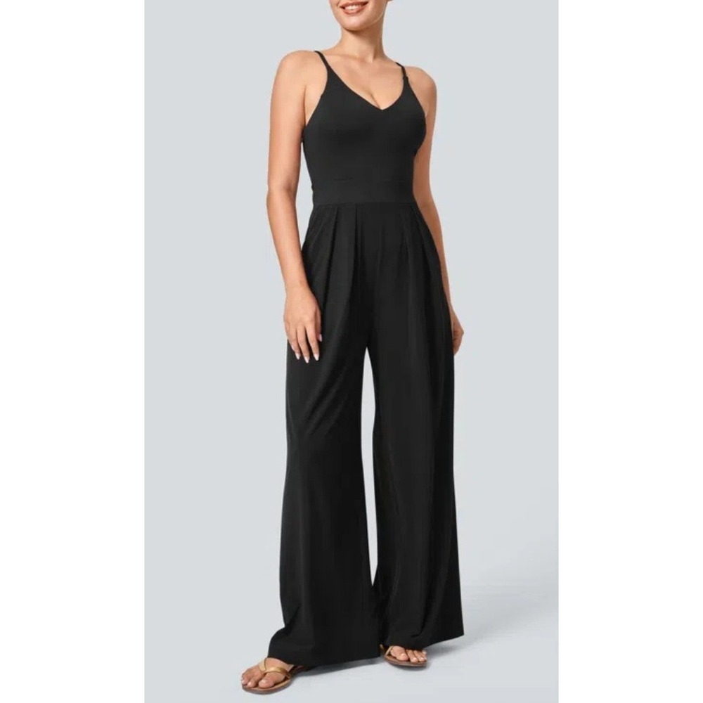 Halara‎ Breezeful Backless Wide Leg Jumpsuit Black V-Neck Pocket Side Zip NEW
